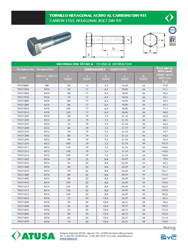 TORNILLO HEXAGONAL PH2 1/4 X 2 50 mm